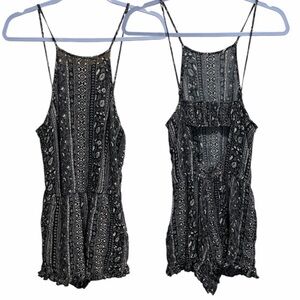 American Eagle High Neck Halter Romper Black White Boho Print XS